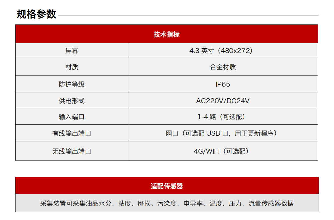 分布式在線油液監測系統解決方案-采集終端 規格參數